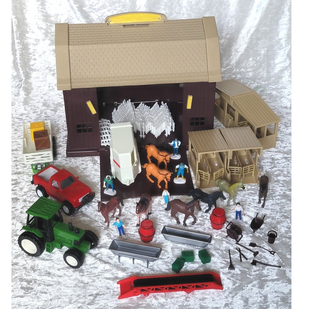 80+ pc Big Barn Farm Playset Horse Stable Tractor Truck Trailer Accessories Lot